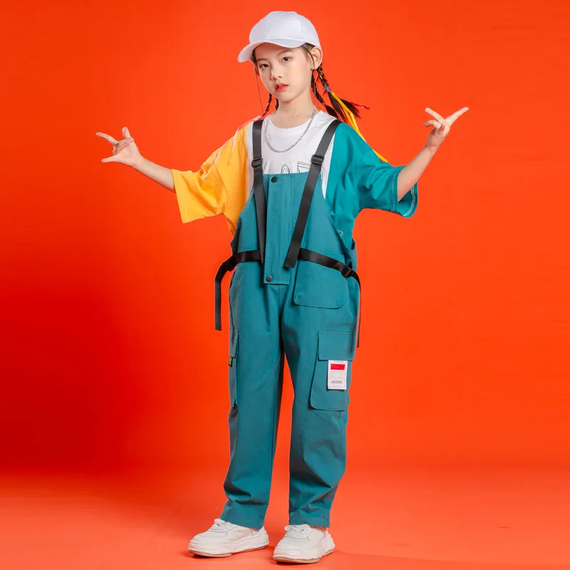 Cool T Shirt Overall Pants Kids Hip Hop Dancing Clothes Jazz Dancewear for Girls Boys Street Dance Wear Outfit Ballroom Costumes