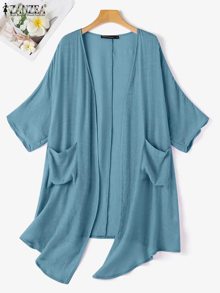 ZANZEA Summer Elegant Cardigans Vintage Women Blouse Solid Kimono Cape V Neck 3/4 Sleeve Sleeve Long Blusas Casual Tops Thin