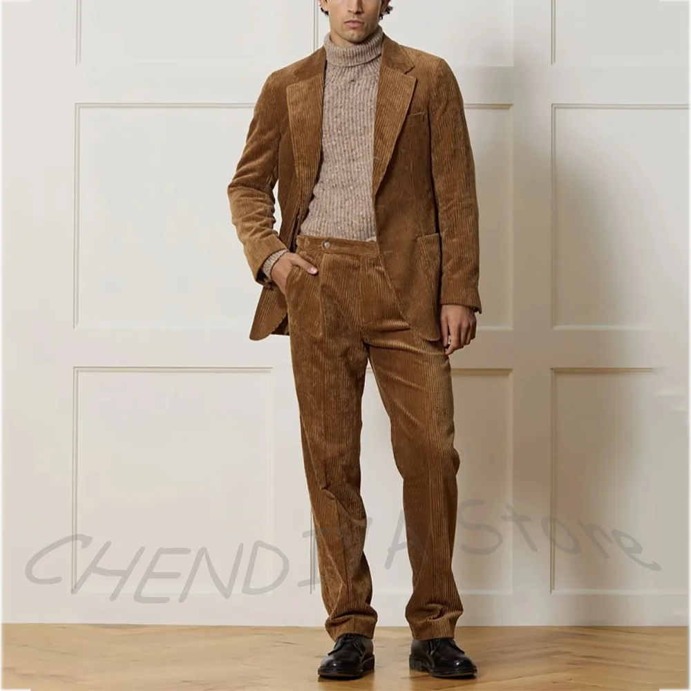 

Luxury Men's Suit Two Pieces Classic Corduroy Double Slit Nocthed Lapel Blazer Pants High Quality Elegant Party Event Male Set