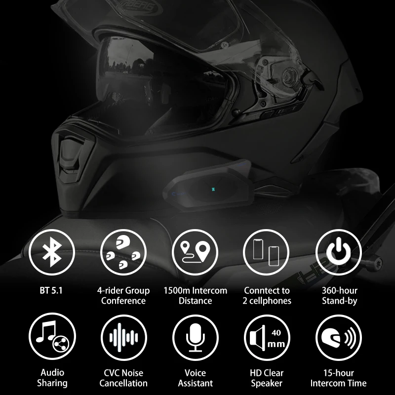 NOECI GOCOM4 Motorcycle Intercom Helmet Bluetooth Headset Music Sharing BT5.1 Interphone For 4 Riders 1500M Talking FM IP65