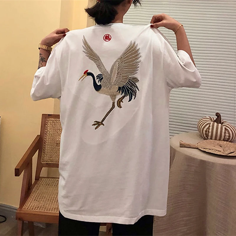 2022 Vintage Flying Crane Bird Embroidery T Shirts Men Women Streetwear Y2k Tops Cotton Black White Tops Harajuku Kawaii Clothes