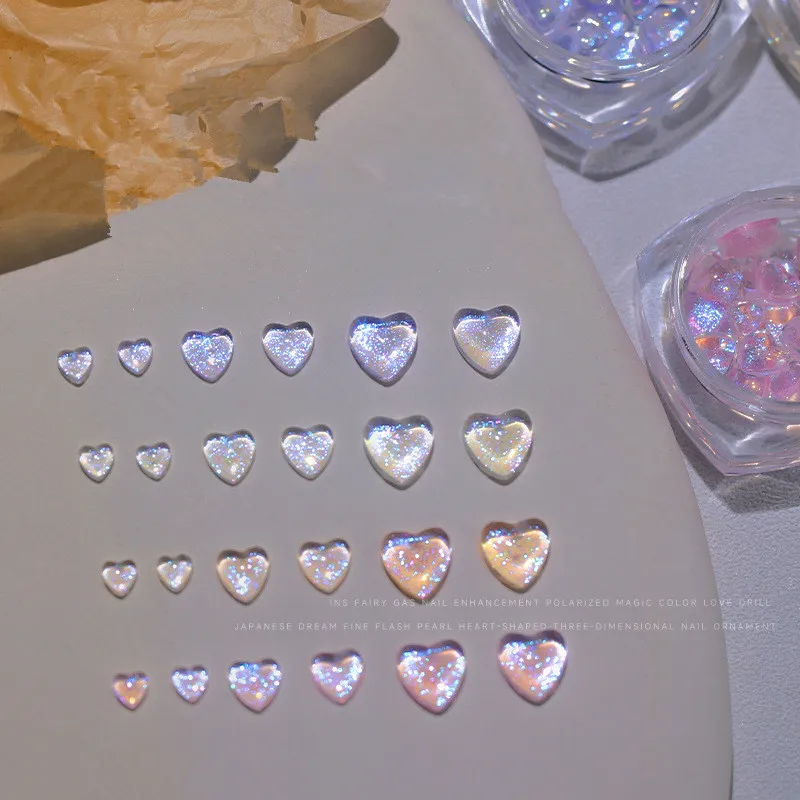 50 adet Glitter Aurora Kalp Nail Art Rhinestones Karışık Boyut 3D Reçine Aşk Tırnak Takılar DIY Manikür Takı Tırnak Dekor Aksesuarları