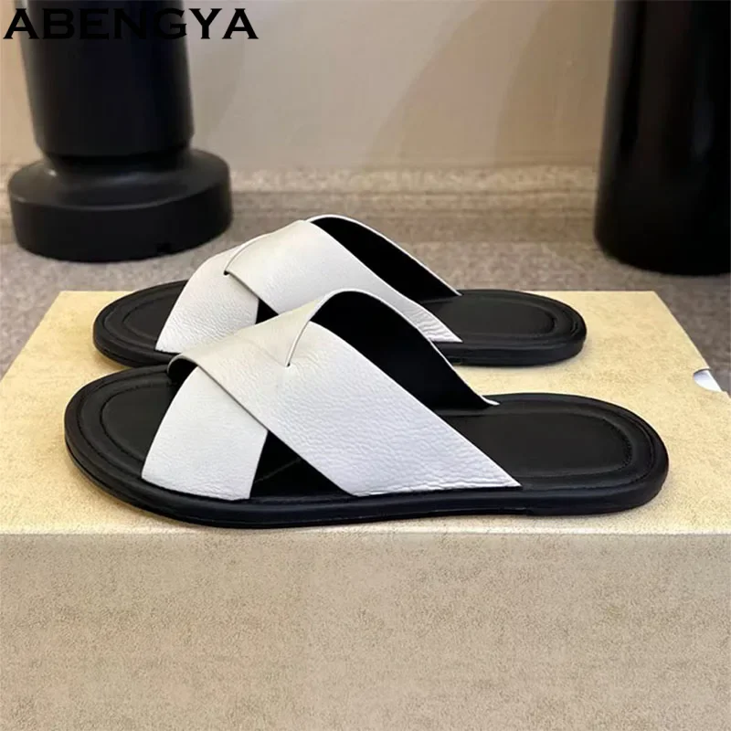 

Летние женские шлепанцы из натуральной кожи с перекрестными ремешками, пляжные сандалии для отдыха, повседневные удобные тапочки для женщин