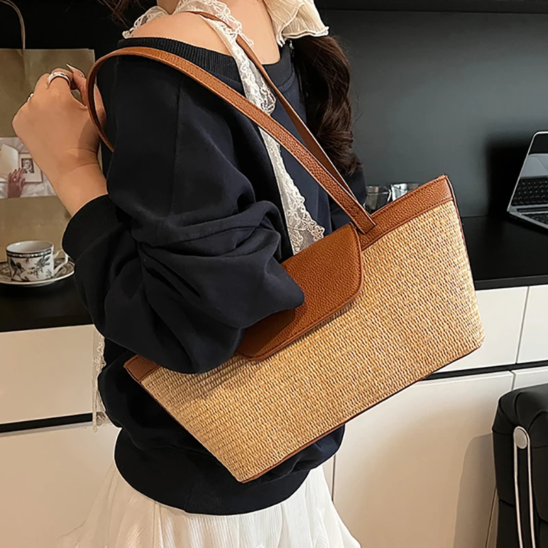 

Retro Beach St Woven Bag Underarm Single oulder Tote Bag for Ladies Casual Spring Faion Trend Magnetic Bule Closure