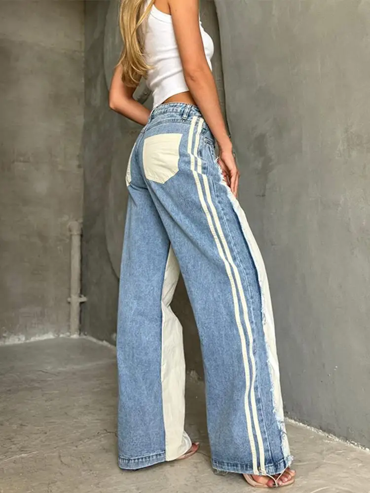 Street Wear Y2K Retro Fashion Side Striped Straight Leg Jeans New Spicy Girl Low Waist Contrasting Splicing Denim Wide Leg Pants