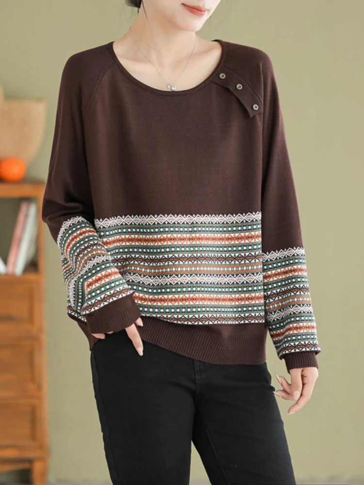

Retro round neck striped knitted sweater women loose long sleeved autumn and winter contrasting color casual pullover
