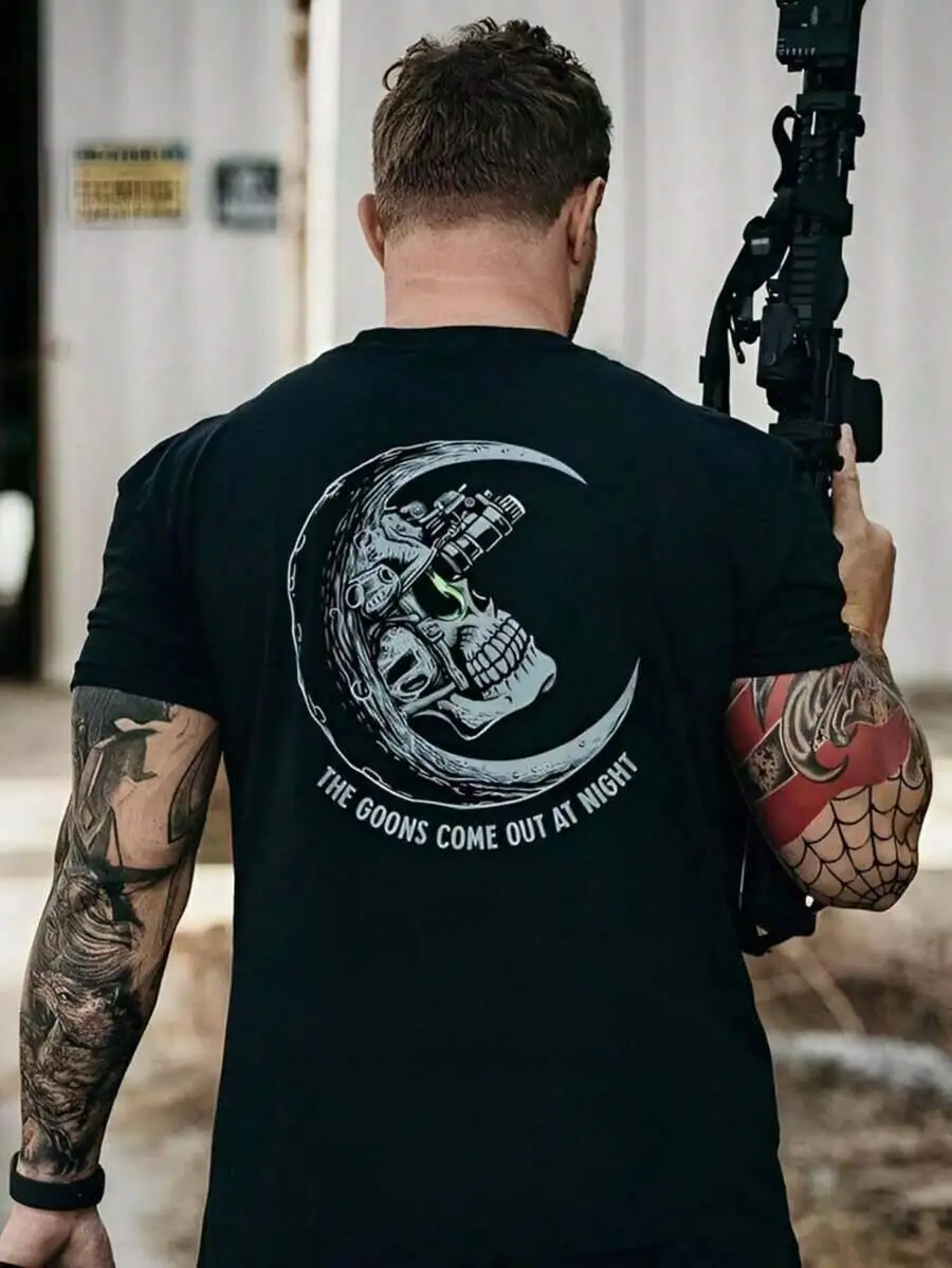 Men's Cotton T-Shirt, Vision Moon "THE GOONS" Night Theme Short-Sleeved With Green Fluorescent Eyes And Skull T-Shirt Dark 100% Cotton Trendy Y2K Short-Sleeve Tee-Soft, Quick-Drying, Moisture-Wicking;  Great Gift for Christmas or Halloween