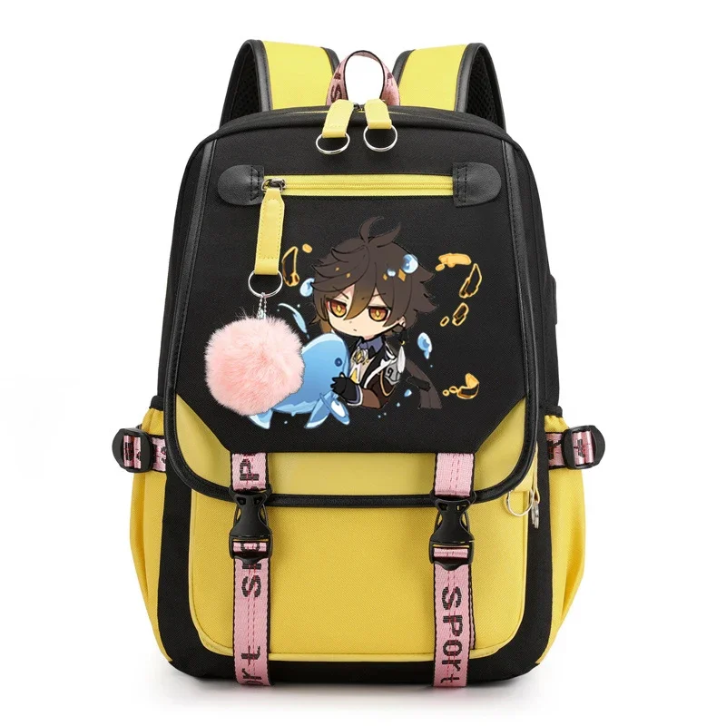 Genshin Impact śliczne Manga śmieszne torby szkolne kobiety dziewczęta Kawaii Anime plecak graficzny Usb Bookbag Sac A Dos