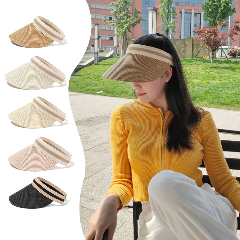 Summer UV Protection Sun Hat For Women Fashion Wide Brim Empty Top Bonnet Outdoor Sports Casual Sunscreen Visor Girl Straw Cap