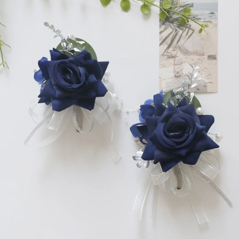

Corsage and Boutonniere Navy Blue Handmade Artificial Rose Wrist Corsage and Groom Flower Boutonniere Wedding Decoration