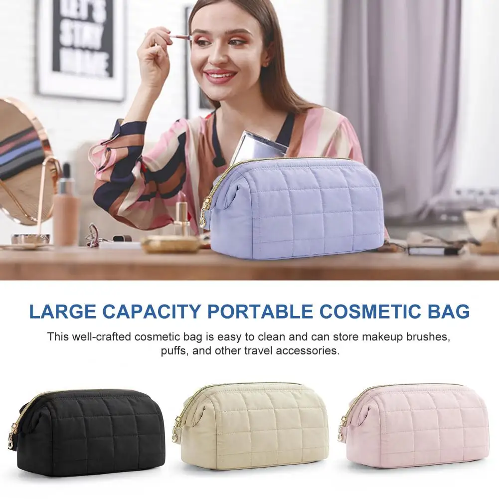 Lady Cosmetic Bag Wide Opening Fluffy Lining Oblong Shape Toiletry Bag Portable Zipper Closure Handbag Travel Makeup Pouch