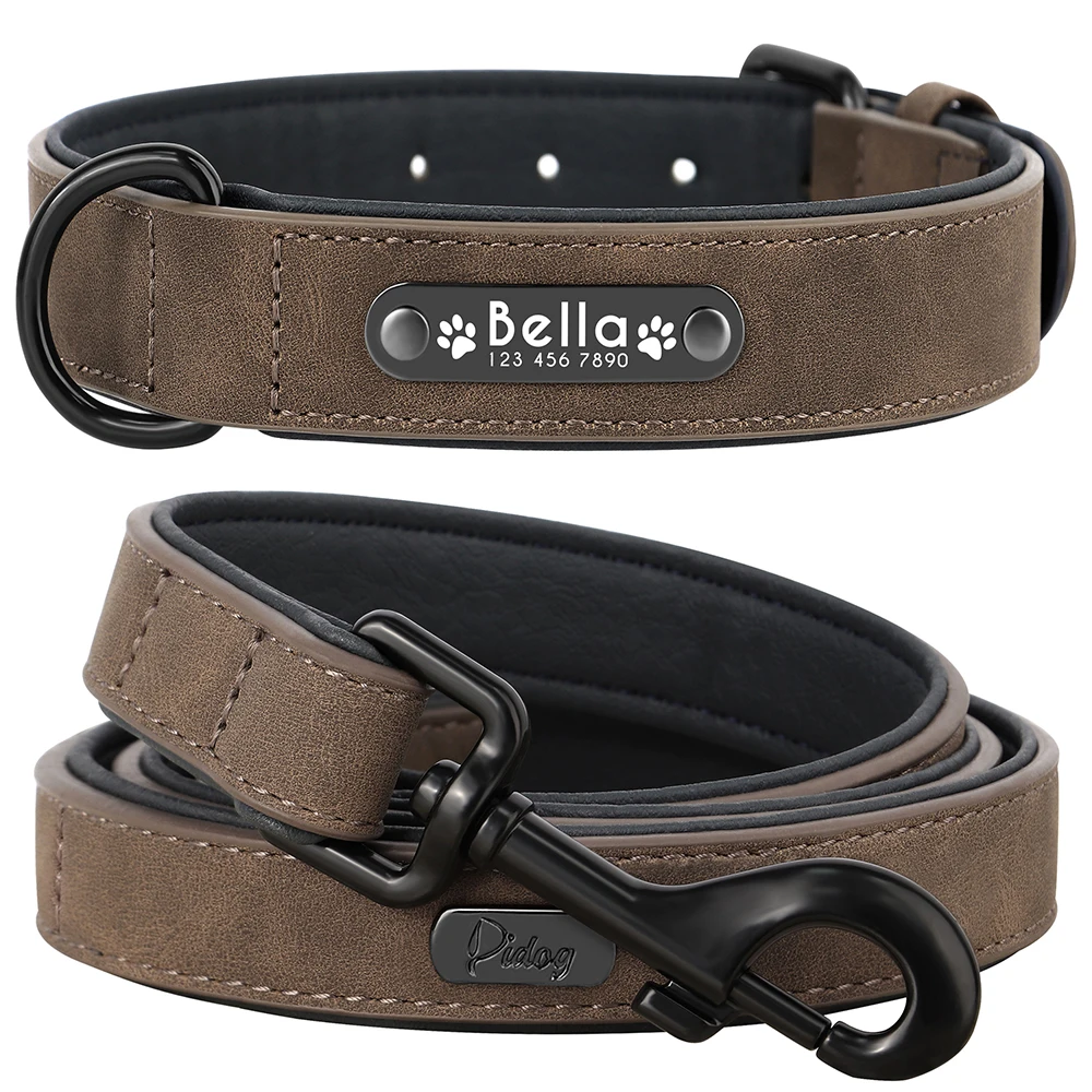 Personalisiertes PU-Leder-Hundehalsband-Leinen-Set, weich gepolsterte Hundehalsbänder, gravierte Haustier-ID-Halskette mit Leine für kleine große Hunde, Mops – Detail 7