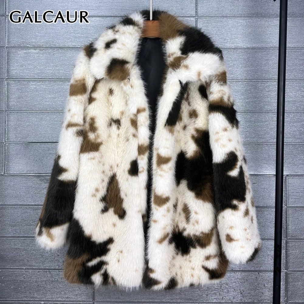 

GALCAUR Hit Color Spliced Fur Chic Jacket Female Lapel Long Sleeve Loose Casual Luxury Women's Jackets Autumn Style Fashion New