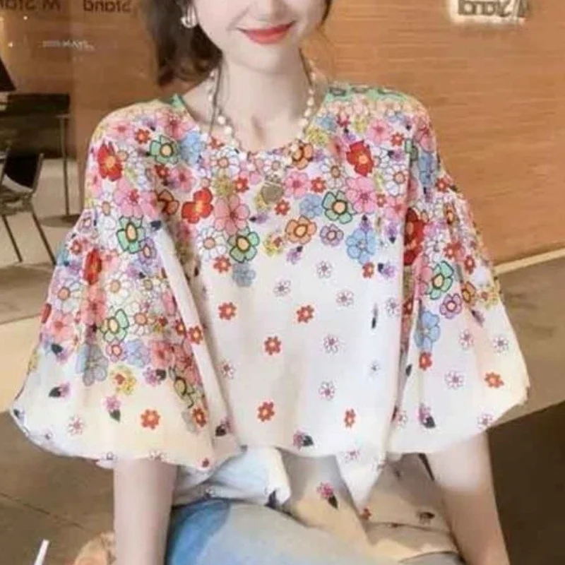 2024 New Summer Commuting Young Style Sweet and Fashionable Chiffon Lantern Sleep Loose Round Neck Printed Women\'s T-shirt Top