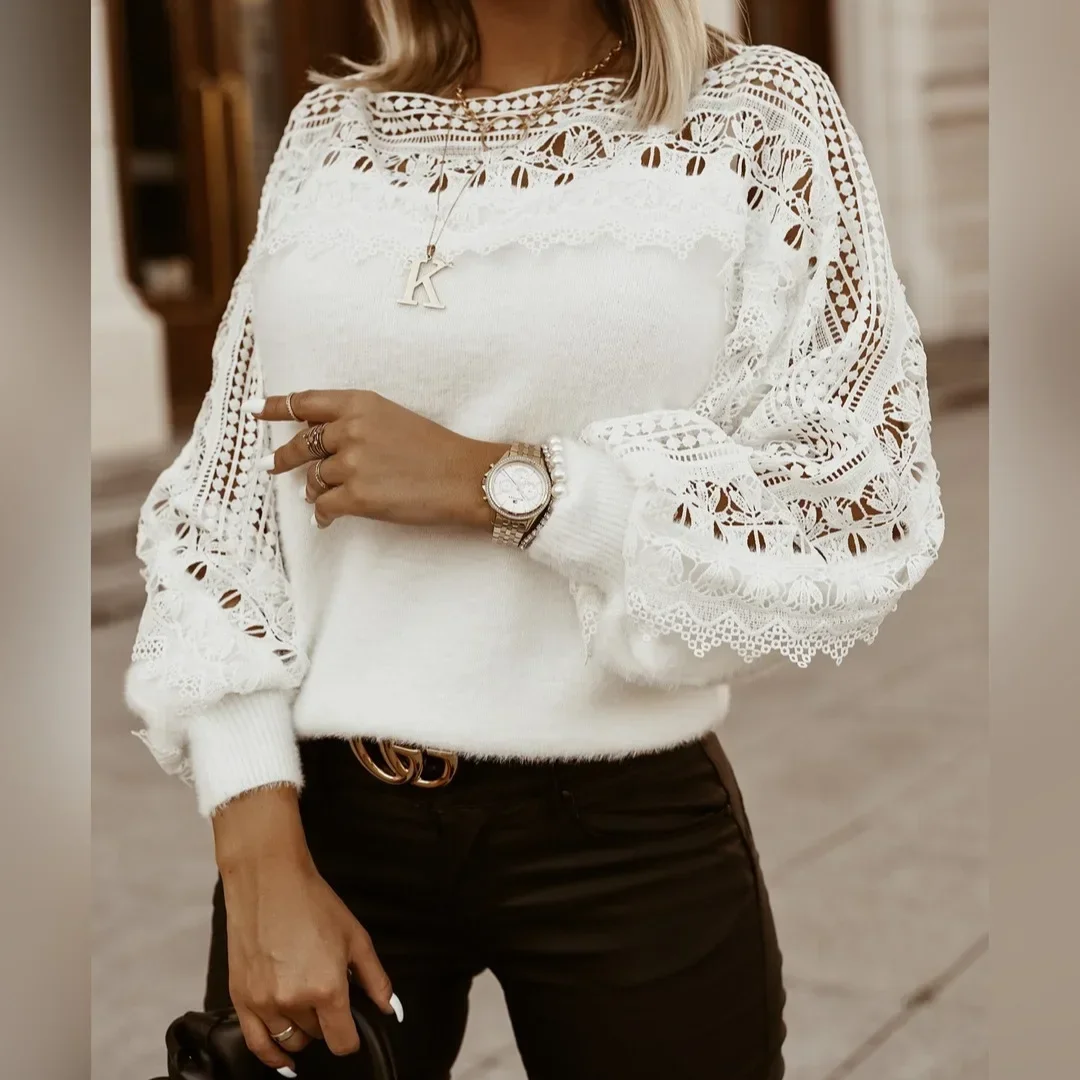 Women Hollow Out Lace Knitwear Sweater Pullover Long Sleeve White Fashion Casual Sweaters