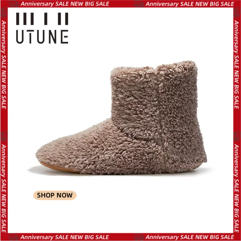 

UTUNE Winter Men's Boots High-top Mute House Shoes For Women Anti-slip Fluffy Indoor Slippers Suede Sole Silent For Wooden Floor