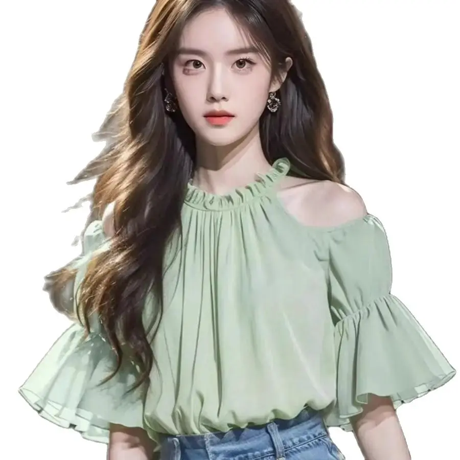 Korea Female Tops Thin Style Off Shoulder Half Sleeve Women'S Shirt And Blouse Fine Elegant Modern Cool Tall Vintage