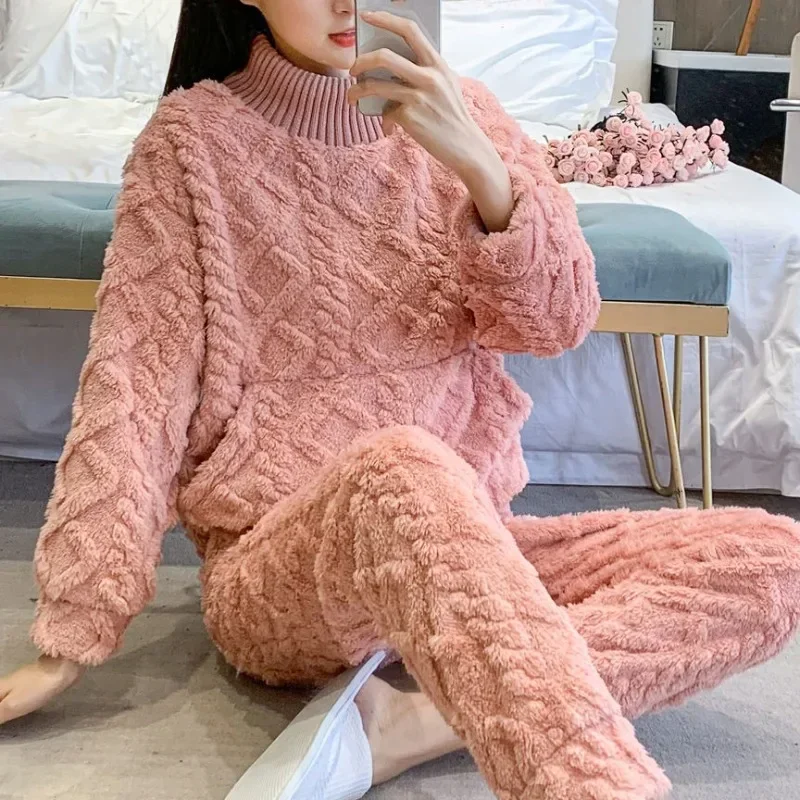 Women\'s Winter Warm Pajamas Sets Comfortable Long Sleeved Solid Color Jacquard Thickened Loose Fleece Pullover 2 Piece Sets