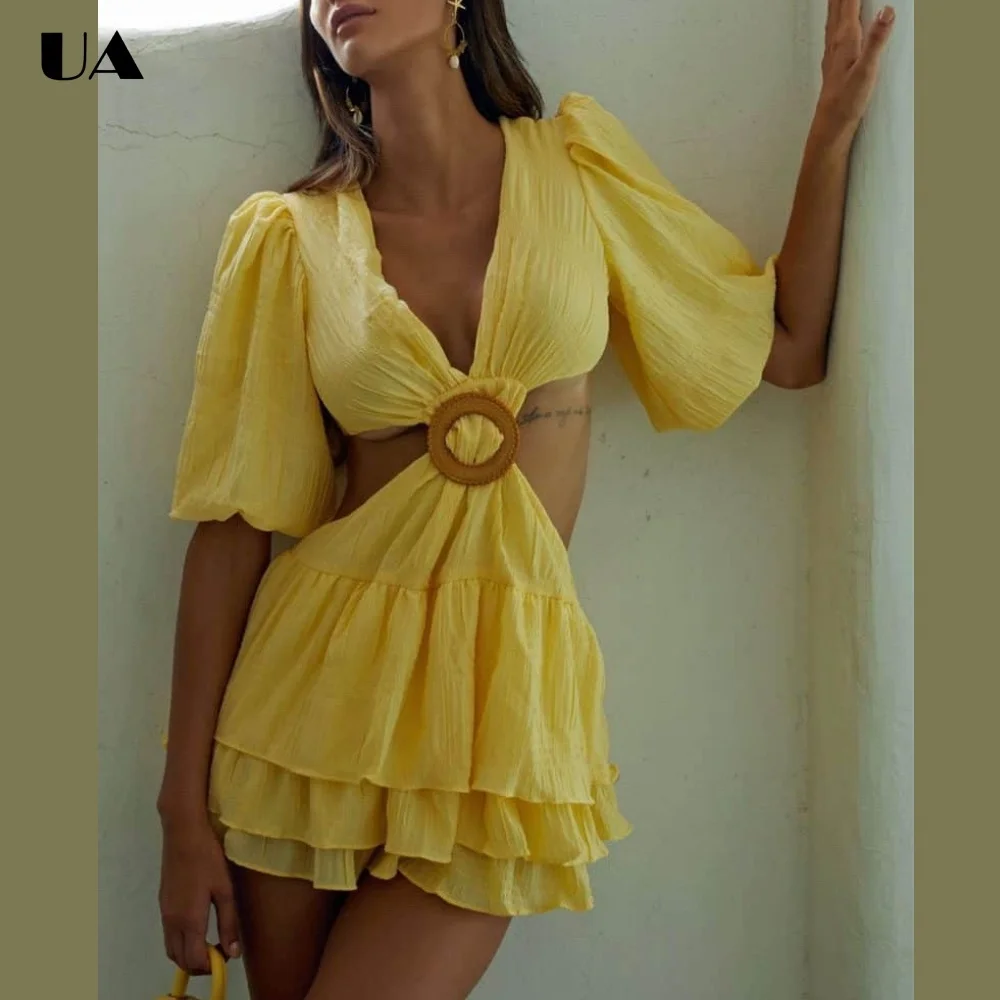 Summer New Deep V-neck Mini Dress, Sexy Puff Sleeve Cutout Short Dresses for Women, Fashionable Tiered Ruffled Party Dress