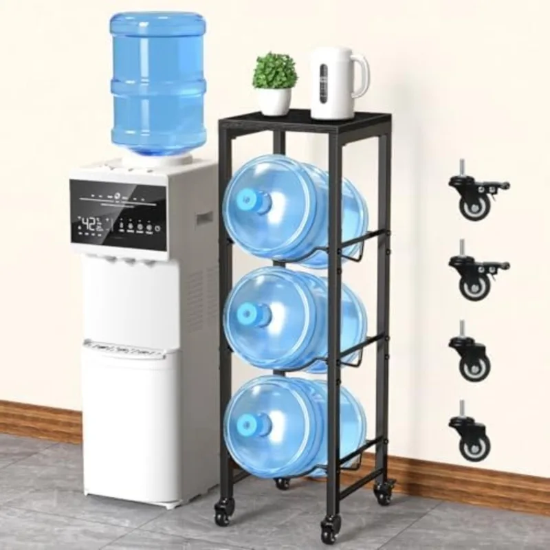 

3 Tier Heavy Duty 5 Gallon Water Bottle Jug Rack Storage Organizer Dispenser Stand with Lockable Wheels and Wood Top Shelf