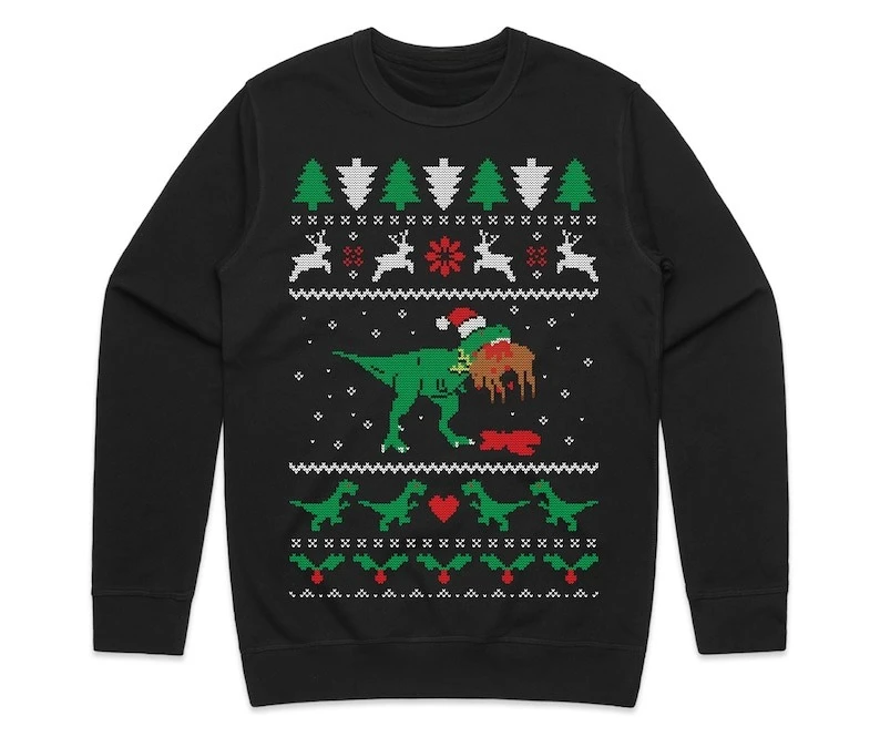 تي ريكس أكل الرنة البلوز عيد ميلاد سعيد TRex ديناصور الجوراسي مضحك القبيح هدية عيد الميلاد طويلة الأكمام البلوز للجنسين