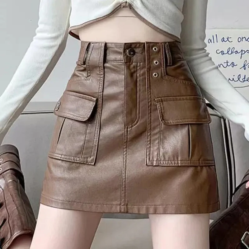 Women Pu Leather Cargo Skirt High Waisted Pocket Black Y2K Skirt Harajuku Street American Vintage Sexy Female Mini Skirt
