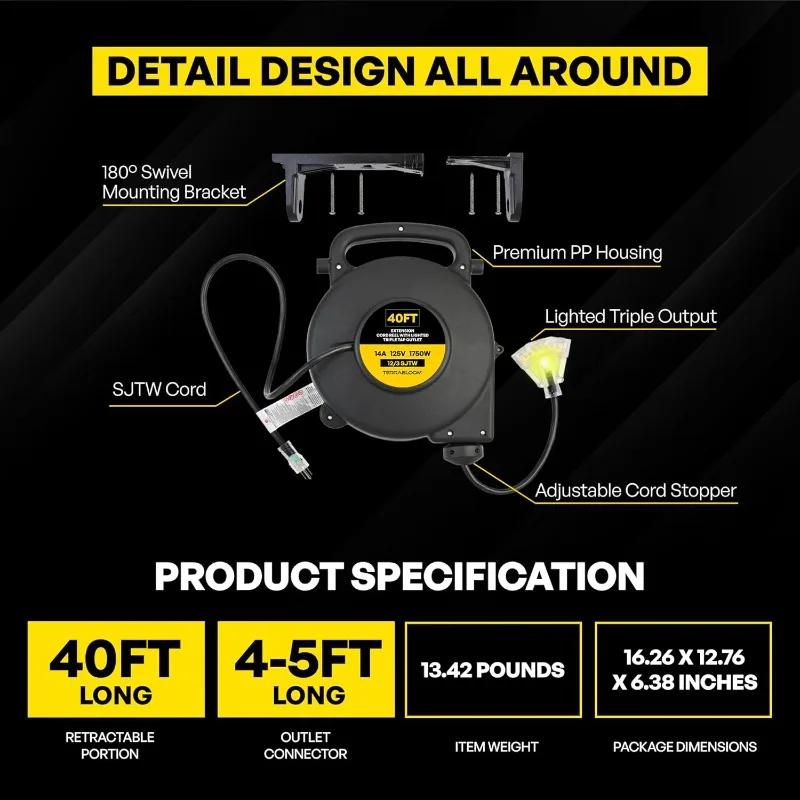 Retractable Extension Cord Reel with Light Indicator - 12/3 Cord Reel 40 FT  Triple Outlet Electric Cord Reel