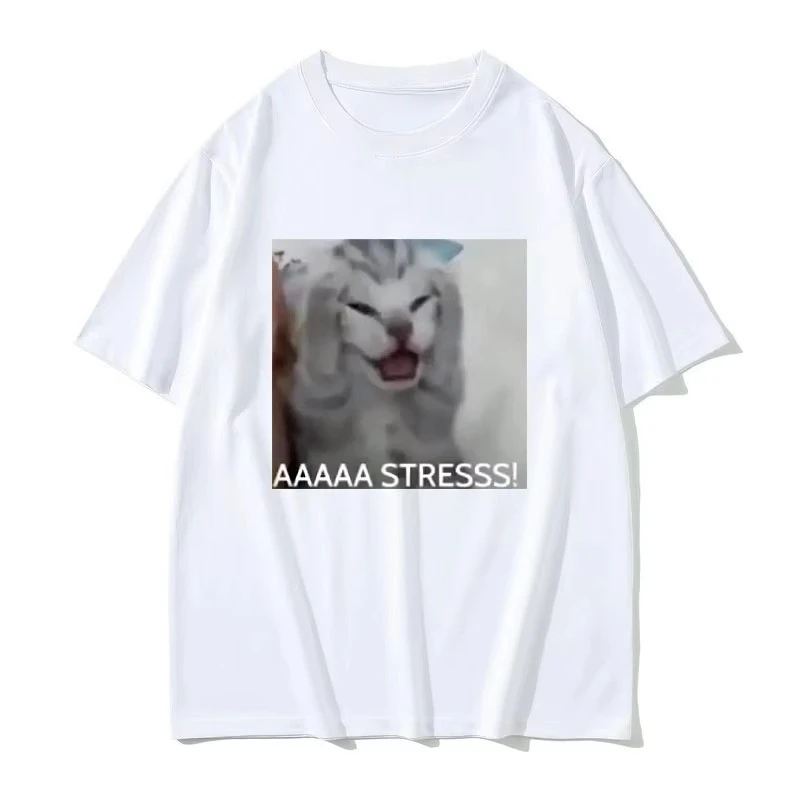 

Summer Stressed Cat Meme T-Shirt Men Women Funny Graphic 100% Cotton Oversized Short Sleeve Casual Trendy Streetwear