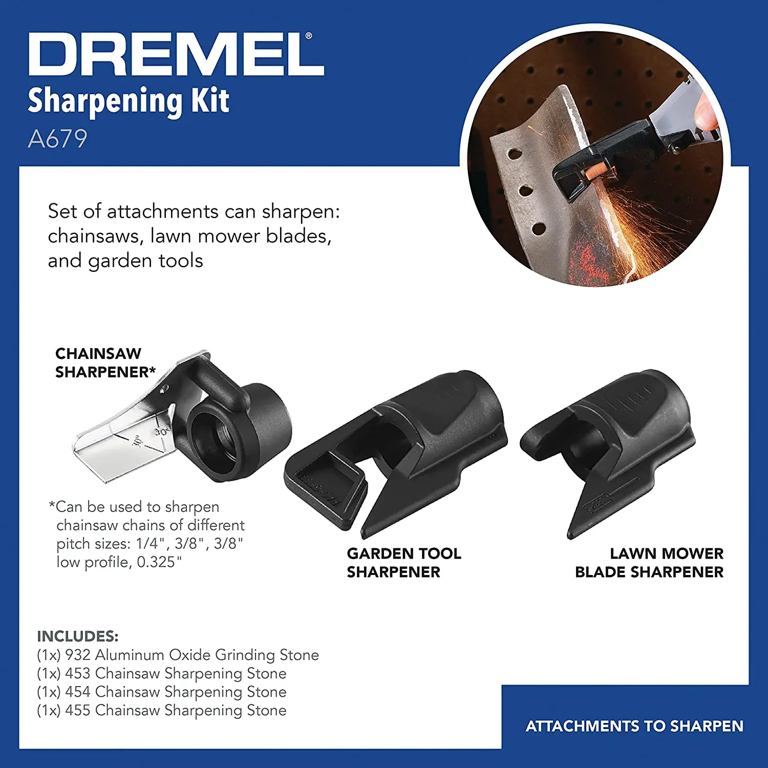 Imagem -02 - Dremel A67902 Afiar Kit Ferramenta de Jardim Acessório Cortador de Grama Apontador Casa Faça Você Mesmo Conjunto de Ferramentas Trabalho para Moedores Dremel Elétrico