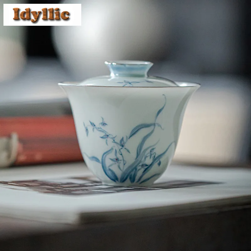 

150ml Jade Clay Hand-painted Magnolia Flower Gaiwan Ancient Tea Tureen Tea Bowl With Lid Kit Tea Brewing Cover Bowl Cha Gift