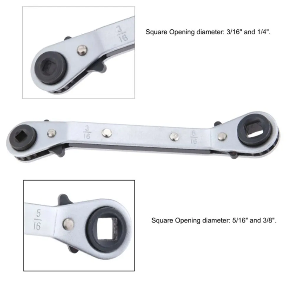 Ratchet Style Wrench for Air Conditioning Systems with Multi Size Square Drive for Valve Stem in Hard to Reach Places