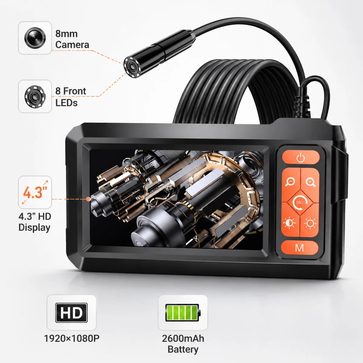5.5mm 8mm Automotive Endoscope Camera 4.3 Inch 1080P HD Industrial Borescope Snake Inspection Auto Engine Pipe Cylinder