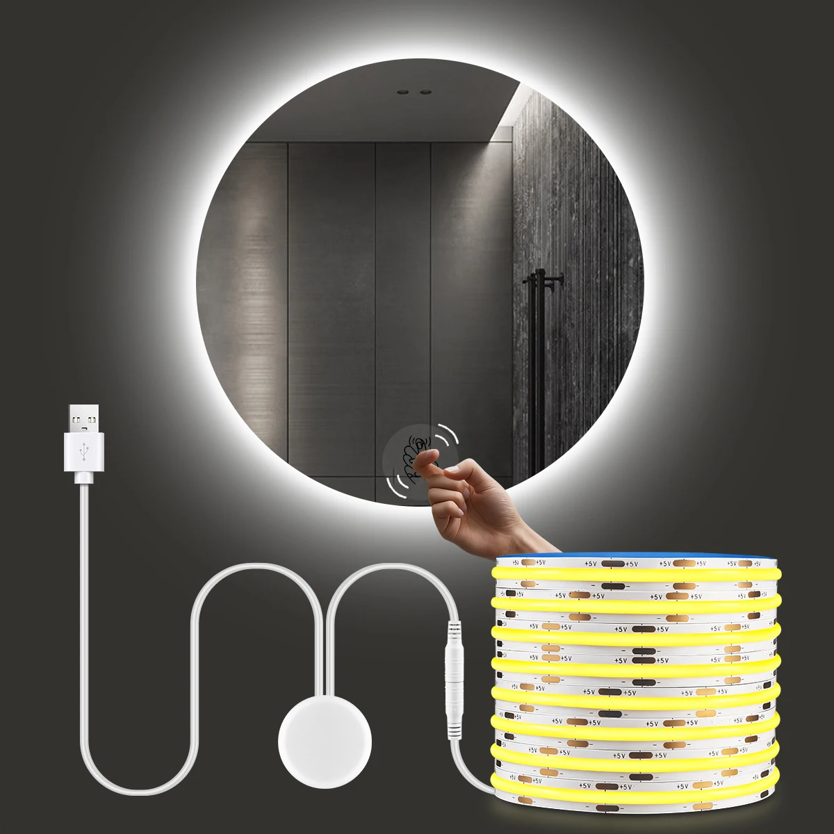 

USB-лента COB Power с переключателем датчика вибрации, высокая яркость, 320 светодиодов/м для туалетного столика, зеркало для макияжа, подсветка