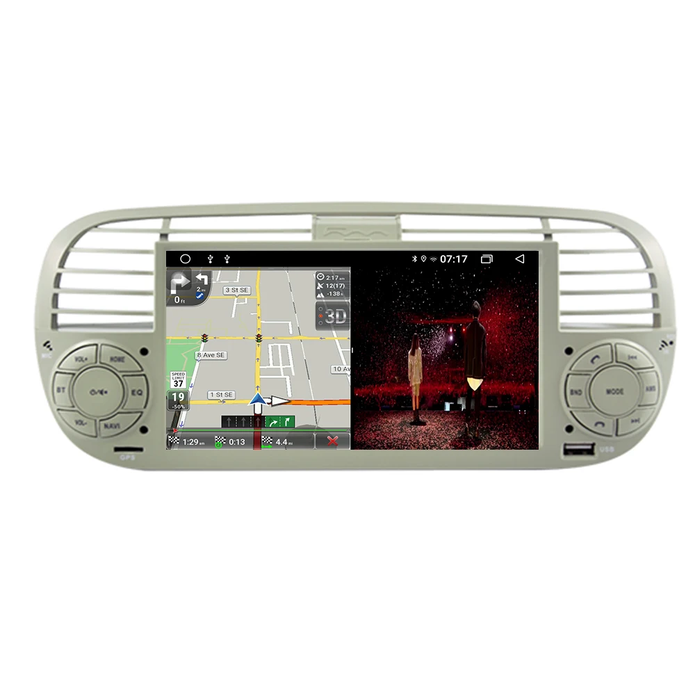 راديو سيارة أندرويد 7 بوصة لشركة فيات 500 2007-2015 أندرويد 14 Carplay نظام تحديد المواقع والملاحة مشغل وسائط متعددة أبيض أسود