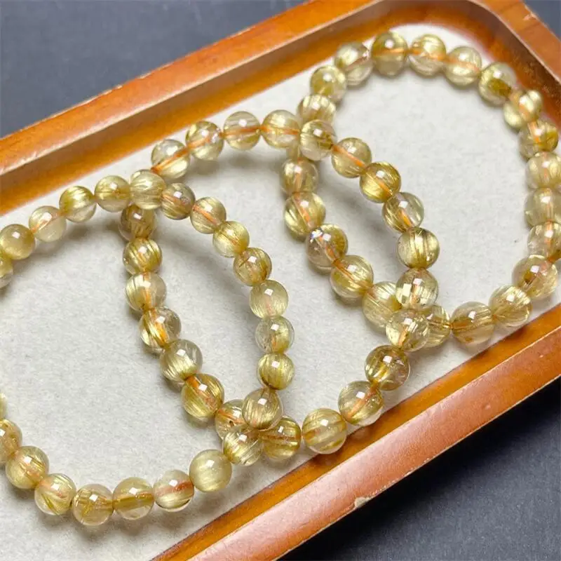 7/8MM Natural Golden Rutilated Quartz Bracelet Charms Handmade Fortune Energy Bangle Mineral Woman Amulet Jewelry Gift 1PCS