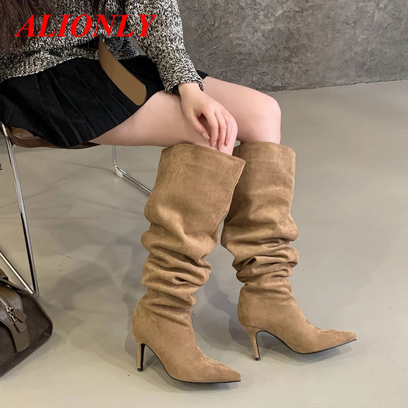 

Alionly/2026, новые осенне-зимние дизайнерские стельки с острым носком, женские сапоги выше колена, женские длинные ботильоны, Zapatos De Mujer