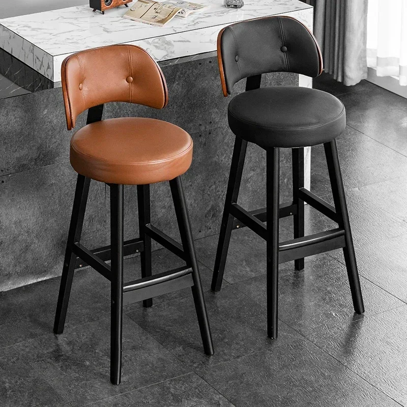 

Solid Wood Bar Stool, Simple Luxury Leather Seat, Vintage Real Leather Bar Chair, European Backrest High Bar Stool for Home