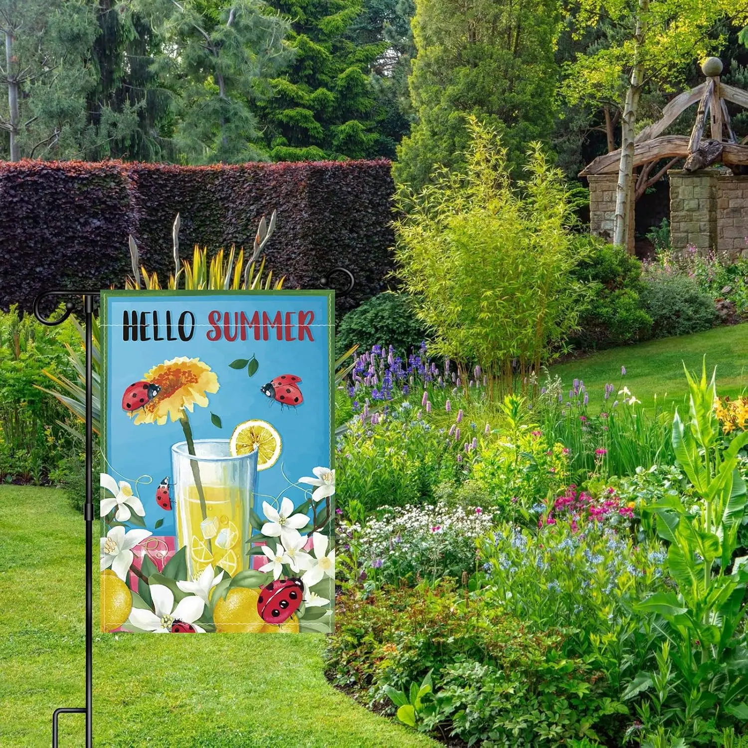 Hello Summer Ladybug Garden Flag - Lemon Squash Sunflower Morning Glory Summer Holiday Festival Yard Flag -Funny Summer Home GGX