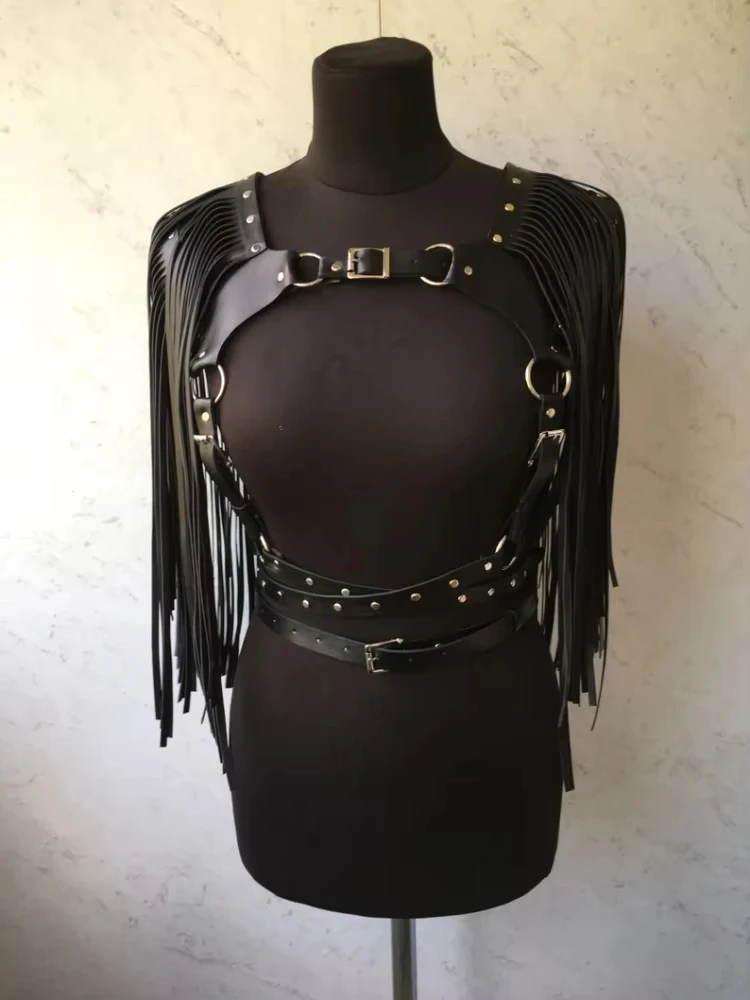 .Fashion Women's Black Leather Multi-Strap Tassel Shawl Decoration Sexy Nightclub Stage Performance Costume Accessories 2025