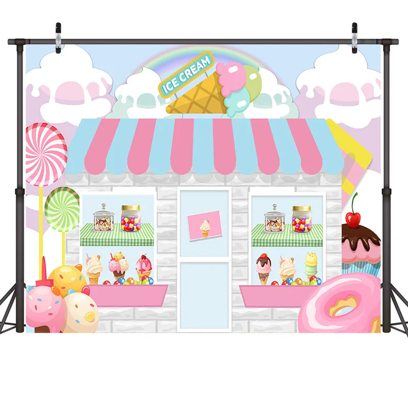 Candy Bar Ice Cream Parlor Celebration Background Baby  Birthday Photography Backdrop Photobooth Banner Cake Table Decorations