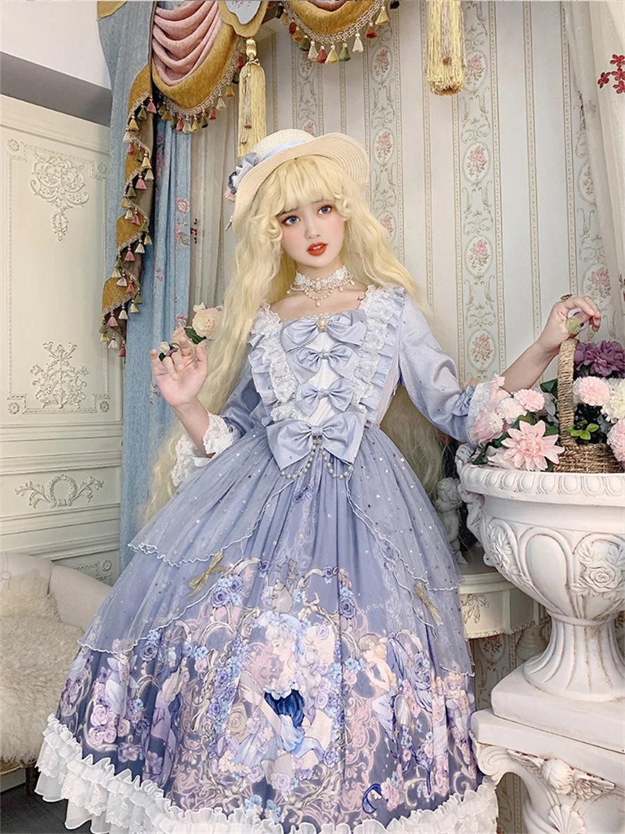 French Vintage Palaca Style Lolita OP Cosplay Elegant Girls Tea Party Printing Mermaids Pearls Bowknot Lace Princess Dress