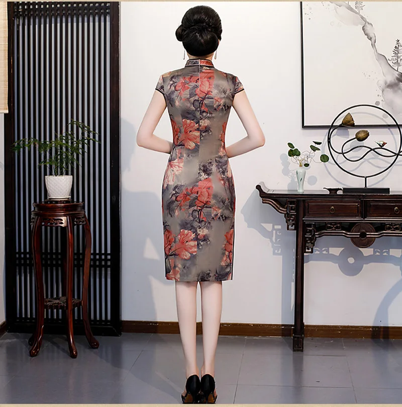 Plus Size Leaf Pattern Cheongsam Women Short Sleeve Traditional Vintage Dress Show Costumes Improved Qipao L To 5XL