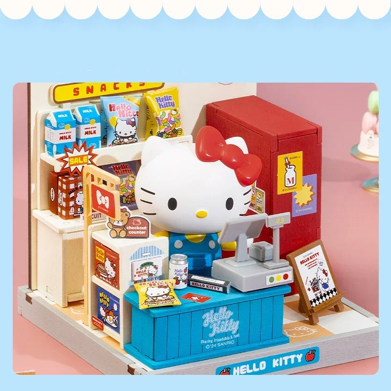 Nowa rodzina Sanrio Kitty Melody Pochacco Mengqu Store Manager seria DIY kabina Mini Mini Mini Model klocki dla dzieci prezent