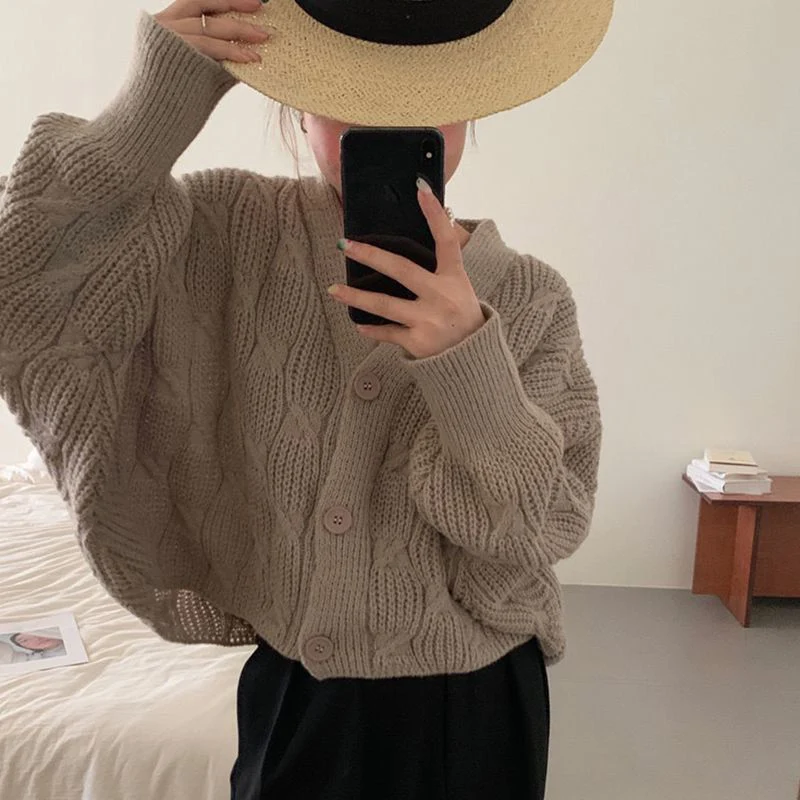 Rimocy Korean Fashion Cropped Cardigans Women Sweet Candy Colors V Neck Cardigan Coats Woman Long Sleeve Knitted Sweater Coat