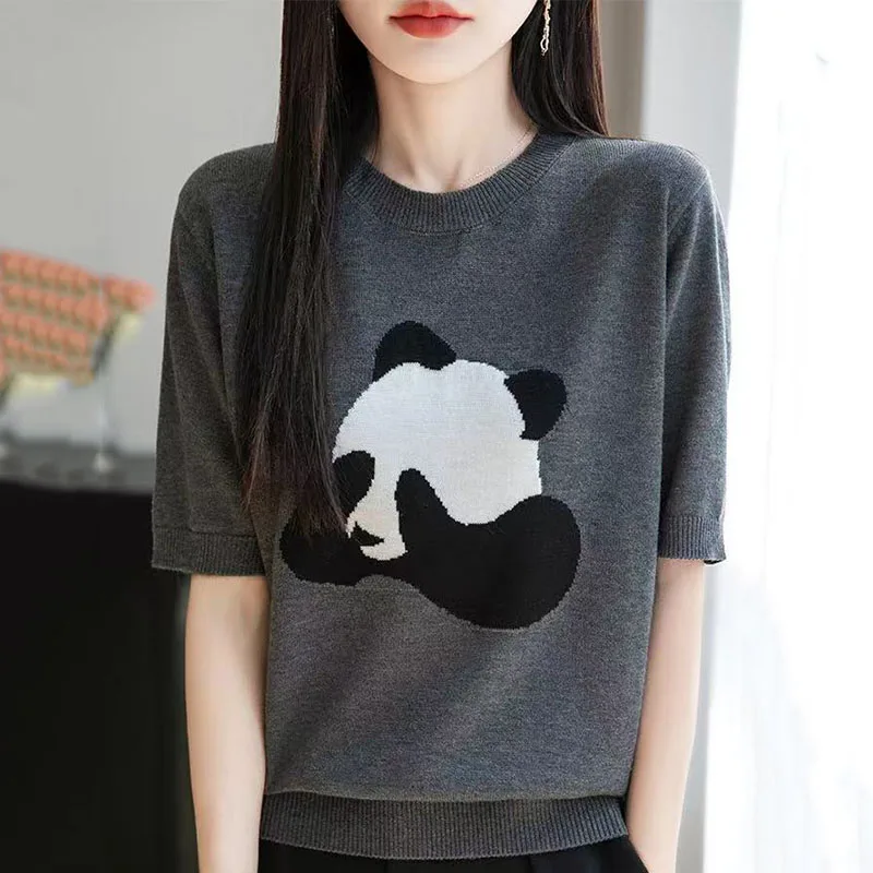 T-Shirt à manches courtes tricoté en soie glacée pour femme, col rond, manches fines, ample et Slim, printemps et été