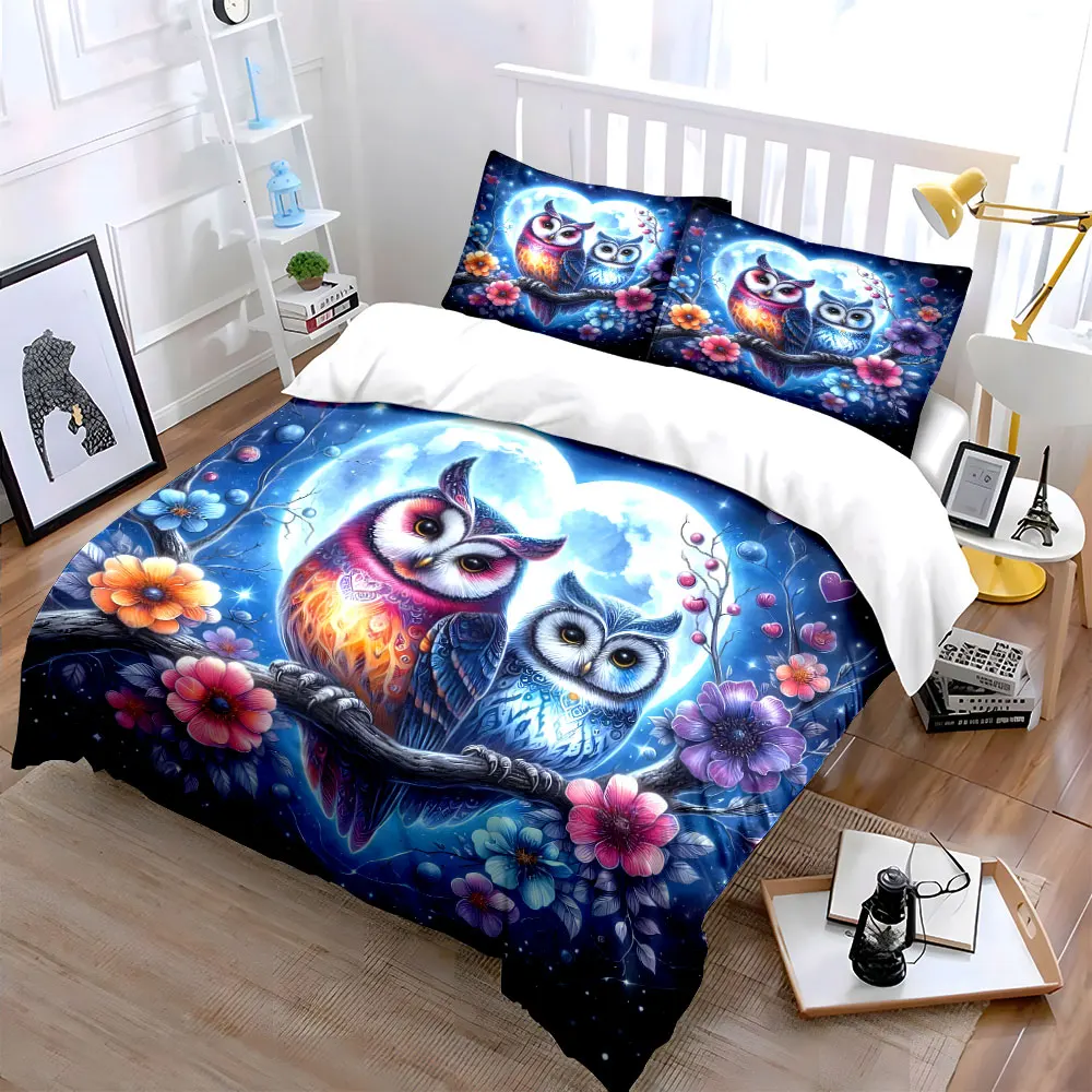 Fantasy owls with blossoms Bedding Set for Kids Luxury Gift 3pcs Digital Print Comforter Set Soft Comfortable Breathable