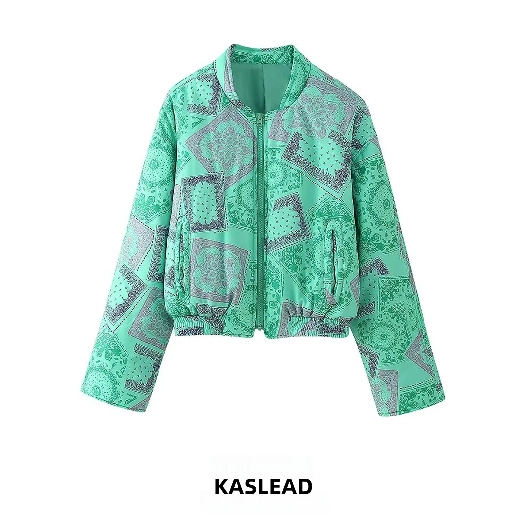 KASLEAD New Women's High-End Cotton Jacket Zipper Design Versatile Geometric Pattern Autumn Fashion Outerwear