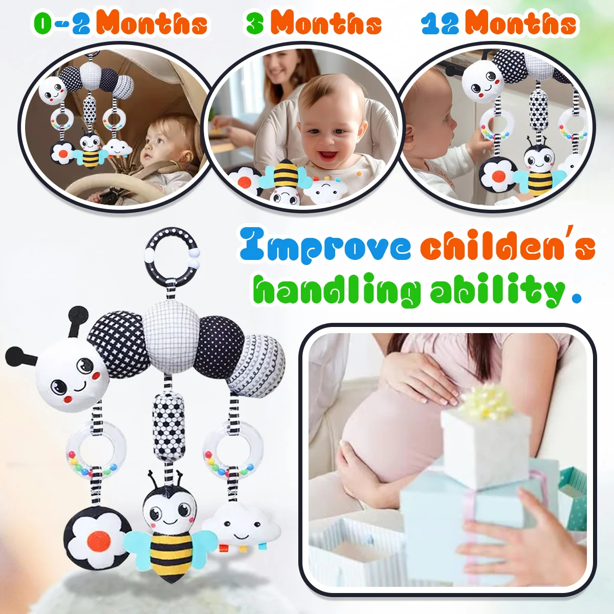 Giocattoli per Seggiolino Auto per Neonati, Giocattoli Sonori da Appendere per Culla Mobile, Giocattoli in Bianco e Nero ad Alto Contrasto per Passeggino