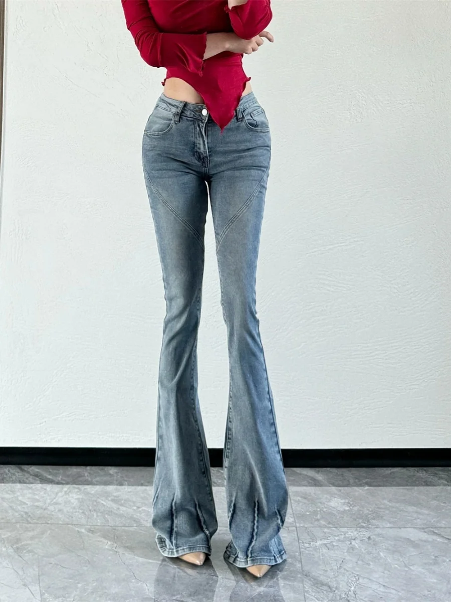 

New 2024 Spring/Summer Spicy Girl Retro Washed Micro Flared Deans Pants Women's Slim Straight Leg Denim Pants Trendy UWSJ