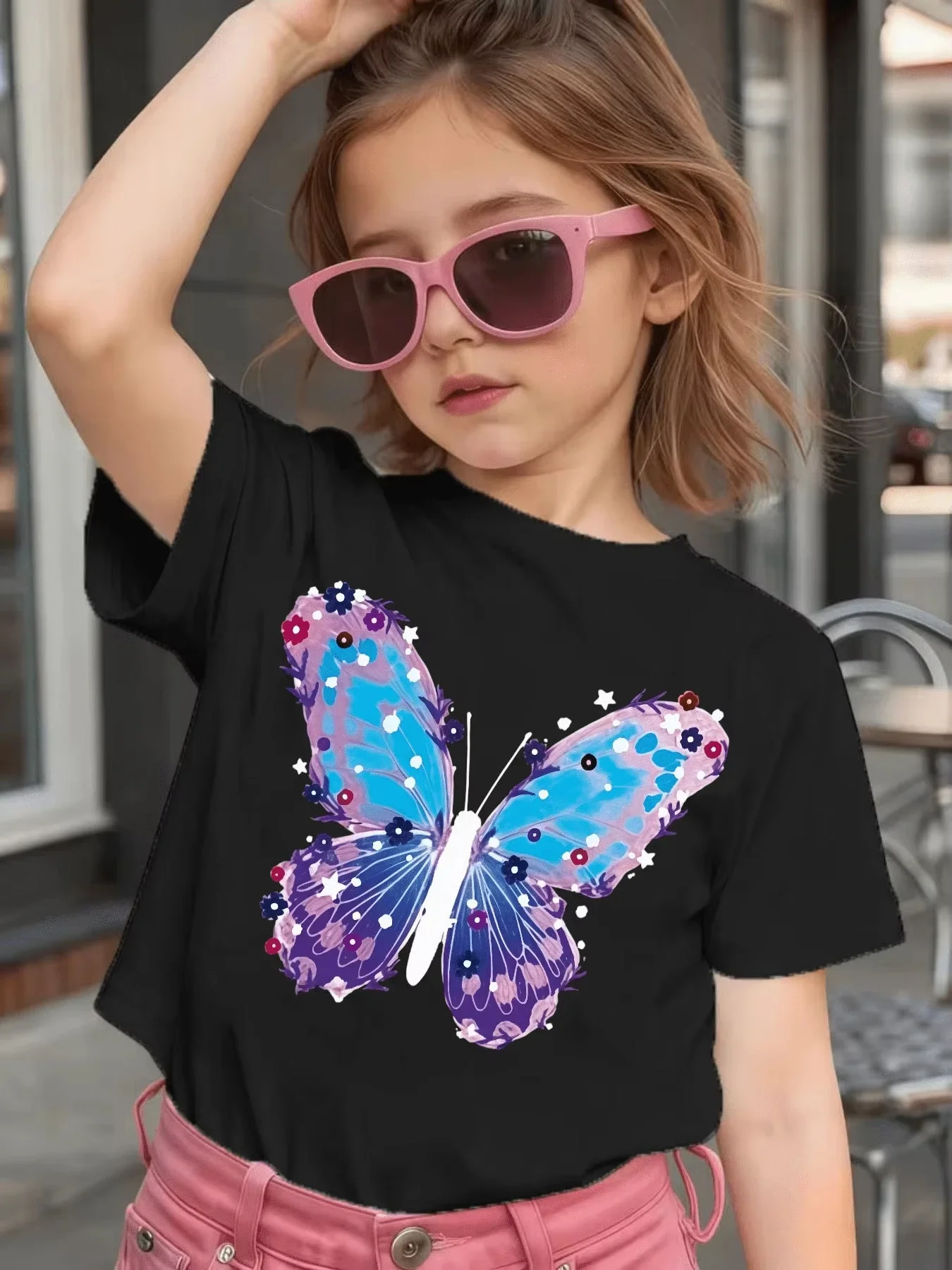 Little Girls Watercolor Butterfly Short Sleeve Tee Beautiful Purple Blue Butterfly Floral Pattern Children Summer Clothing
